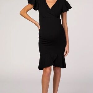 PinkBlush Maternity Black Ruffle Accent Fitted Maternity Wrap Dress.